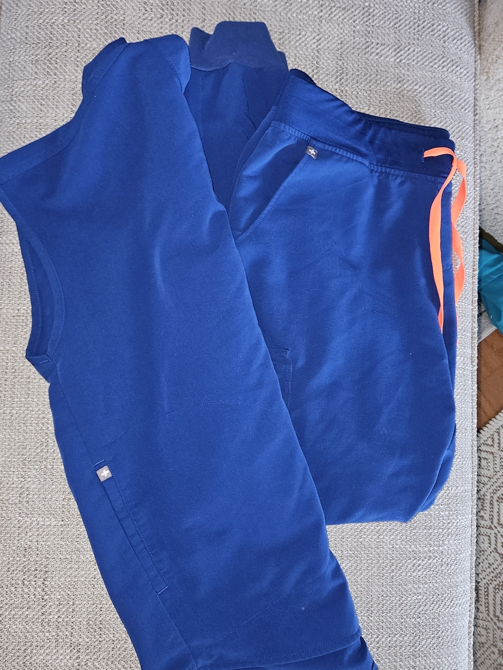 Figs Royal Blue Scrub Set with Orange Drawstring